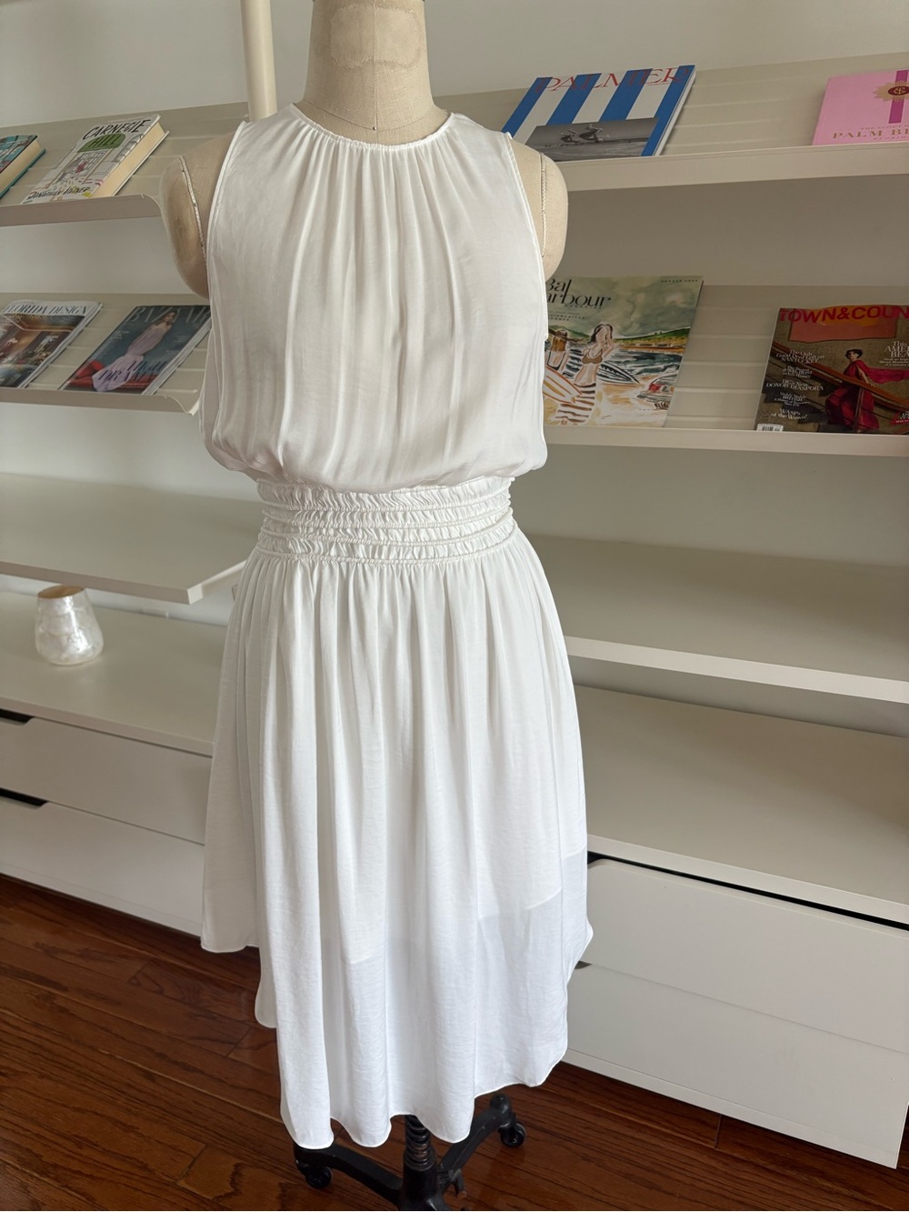 NWT Naked Zebra White Sleeveless Shirred-Waist Midi Dress